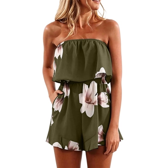 HCYSFG Womens Floral Rompers Bandeau Strapless Tube Top Summer Beach Elastic High Waist Jumpsuits Wide Leg Shorts Pocket One Piece Casual Playsuits