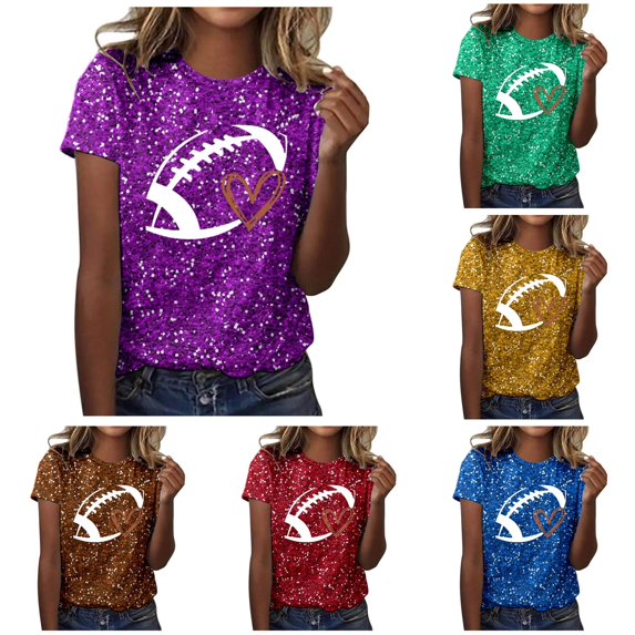 HCYSFG Womens Football Sequin T Shirts Crewneck Short Sleeve Game Day Sparkle Detail Oversized Sports Tees Summer Tops