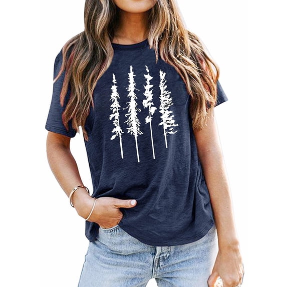 HCYSFG Womens Forest Tree Graphic Print Crew Neck Summer Tops Casual Loose Fit Short Sleeve T Shirt Pullover Style Outdoor Daily Wearing Clothing