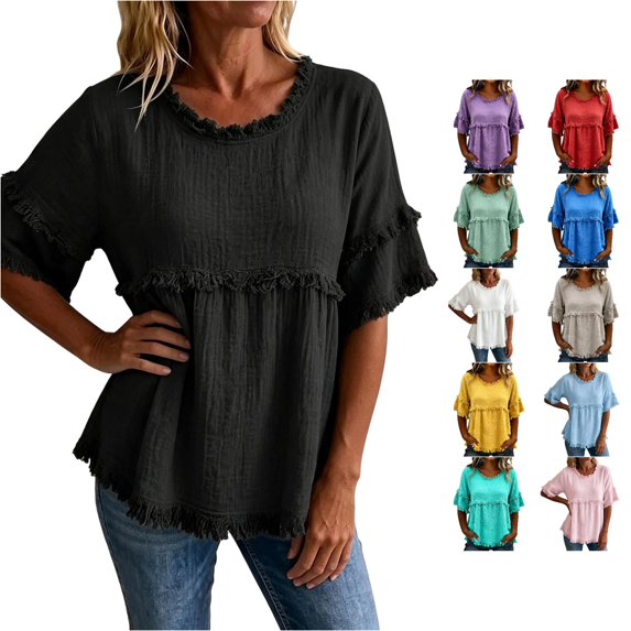 HCYSFG Womens Fringe Blouses Round Neck Short Ruffle Sleeve Empire Waist Relaxed Fit Peplum Shirts Boho Summer Tops