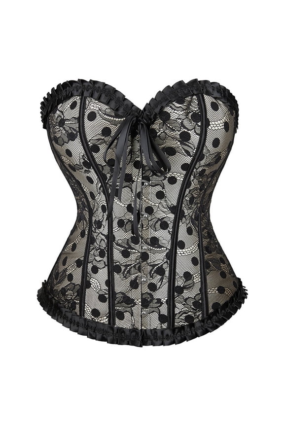 Womens Front Closure Corset Top Polka Dot Tie Front Ruffled Bustier Tummy Control Compression Body Shaper