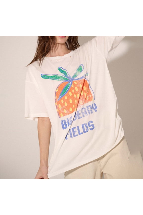 Womens Fruit Patterned Print Top Crew Neck Short Sleeve Shirt Casual Graphic Fashionable Summer Style Tee