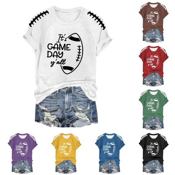 HCYSFG Womens Game Day Football Graphic T Shirts Crewneck Short Sleeve Lace Up Shoulder Detail Casual Tees Relaxed Fit Classic Everyday Summer Tops