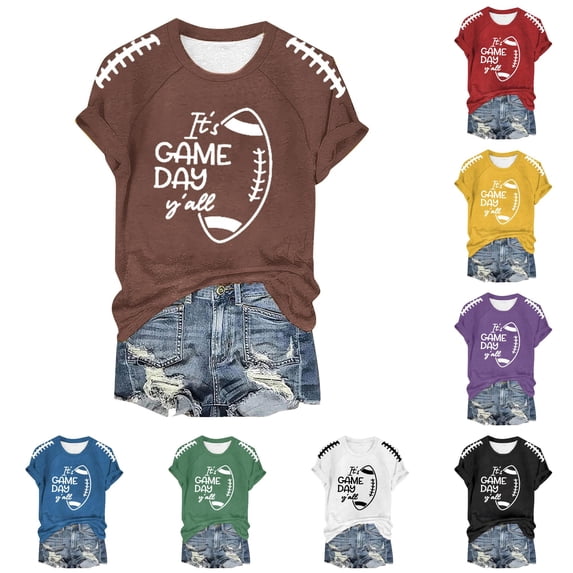 HCYSFG Womens Game Day Football Graphic T Shirts Crewneck Short Sleeve Lace Up Shoulder Detail Casual Tees Relaxed Fit Classic Everyday Summer Tops