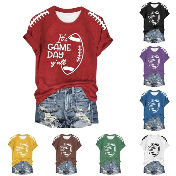 HCYSFG Womens Game Day Football Graphic T Shirts Crewneck Short Sleeve Lace Up Shoulder Detail Casual Tees Relaxed Fit Classic Everyday Summer Tops