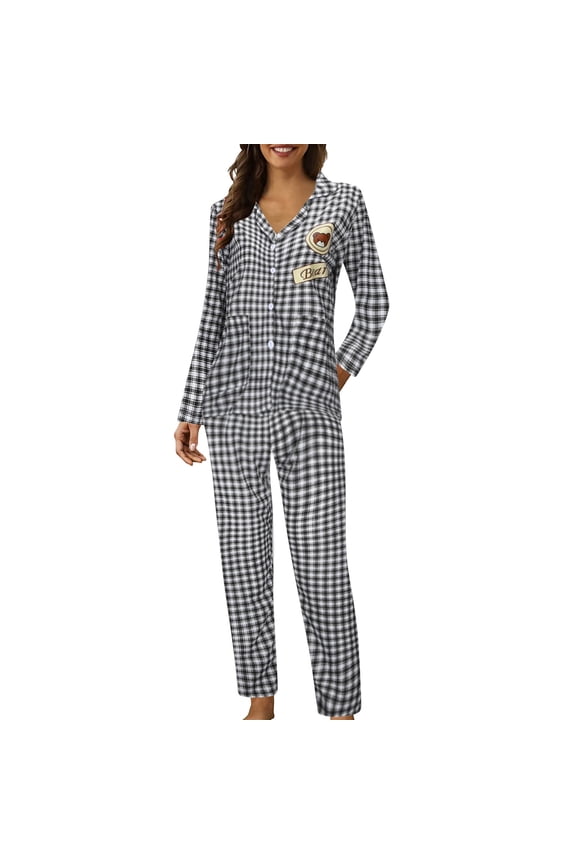 Womens Gingham Pajama Sets 2 Piece Notch Neck Long Sleeve Sleepwear Button Front Full Length Pants Check Print Relaxed Fit Loungewear
