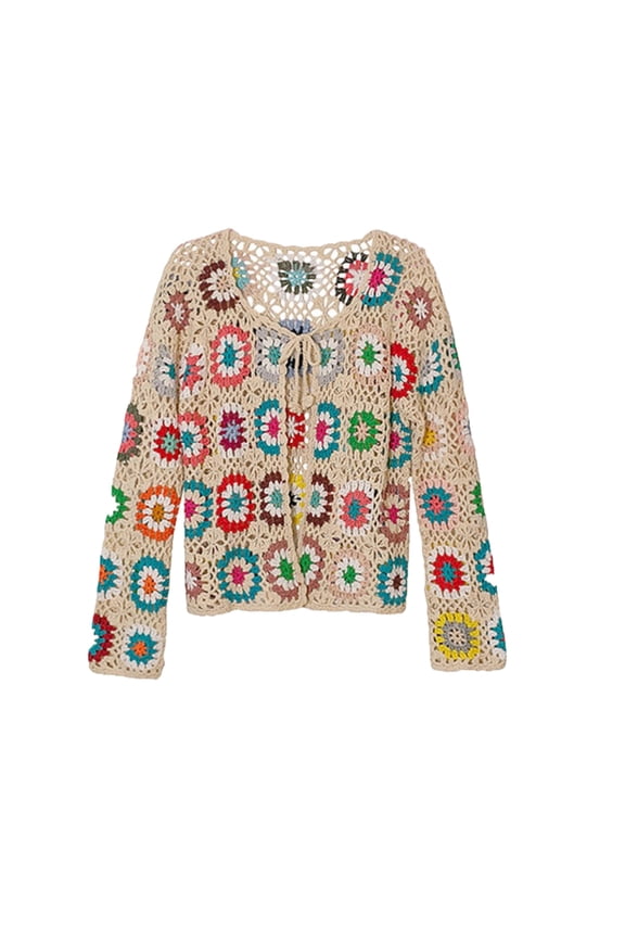 Womens Granny Square Cardigan Round Neck Button Front Long Sleeve Crochet Knit Sweater Boho Festival Layering Tops