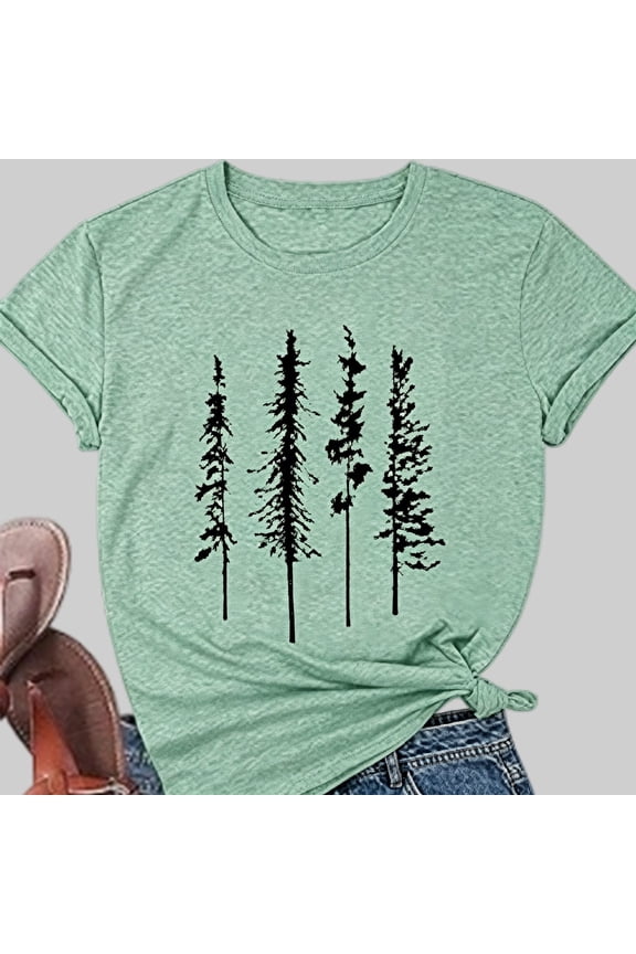 Womens Graphic Tee Tree Forest Nature Print Summer Top Casual Everyday Basic Crew Neck Short Sleeve Shirt
