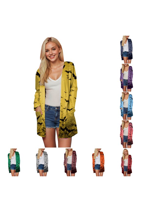 Womens Halloween Cardigan Bat Pattern Open Front Long Sleeve Loose Fit Lightweight Sweater Layering Tops