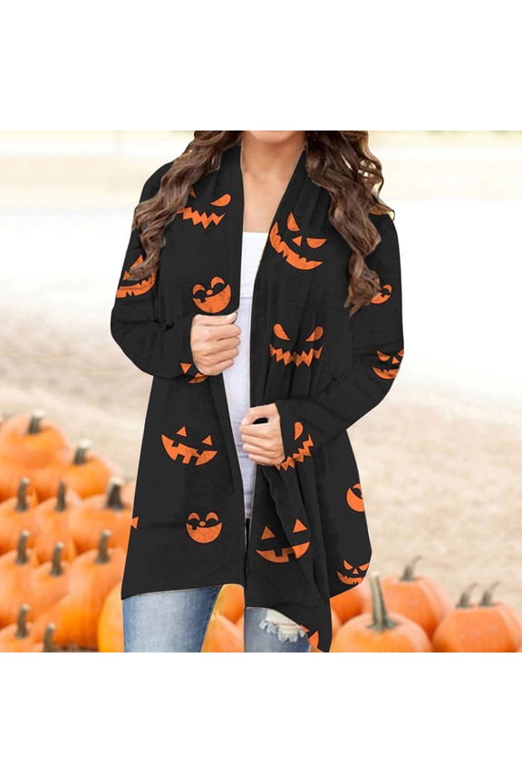 Womens Halloween Cardigan Pumpkin Bat Pattern Long Sleeve Open Front Knit Sweater Holiday Casual Tops
