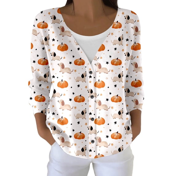 HCYSFG Womens Halloween Cardigan Pumpkin Dachshund Print V Neck Button Front Long Sleeve Sweater Relaxed Fit Casual Open Front Top