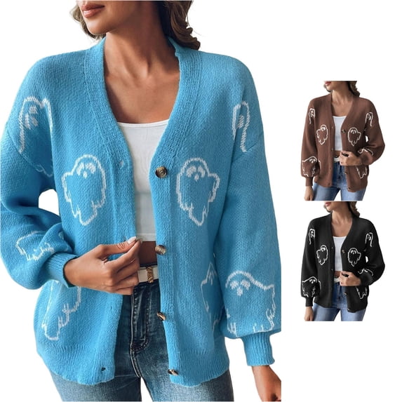 HCYSFG Womens Halloween Cardigan Sweater V Neck Button Front Long Sleeve Ghost Graphic Relaxed Fit Knit Holiday Layering Tops