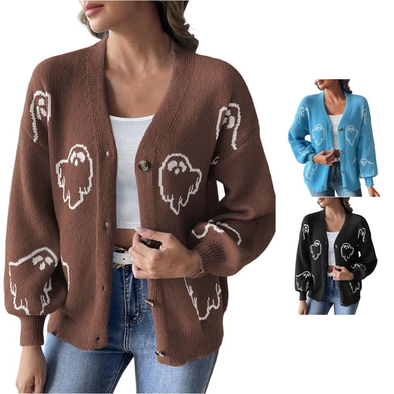 HCYSFG Womens Halloween Cardigan Sweater V Neck Button Front Long Sleeve Ghost Graphic Relaxed Fit Knit Holiday Layering Tops
