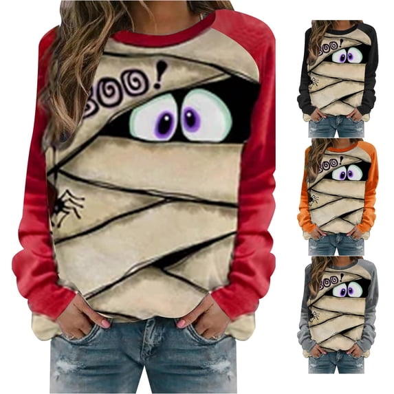 HCYSFG Womens Halloween Sweatshirts Mummy Casual Crewneck Long Sleeve Ribbed Drop Shoulder Relaxed Fit Pullovers Holiday Tops