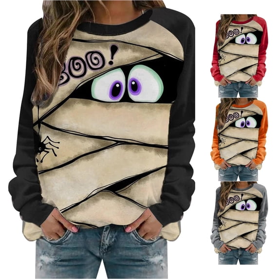 HCYSFG Womens Halloween Sweatshirts Mummy Casual Crewneck Long Sleeve Ribbed Drop Shoulder Relaxed Fit Pullovers Holiday Tops