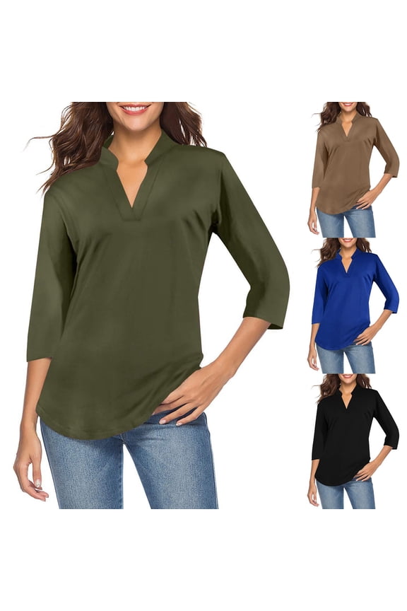 Womens High Low V-Neck 3/4 Sleeve T-Shirt Casual Solid Color Loose Fit Tunic Top Relaxed Hi-Lo Hem Summer Blouse Soft Basic Tee Shirt