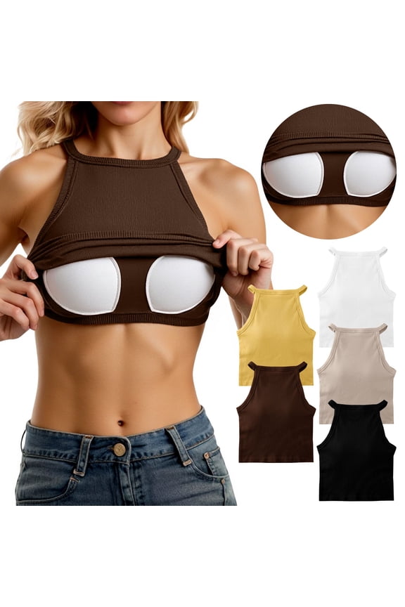 Womens High Neck Halter Tank Top with Built-in Bra Ribbed Beauty Back Sleeveless Camisole Solid Color Bandeau Vest Slim Fit Base Layer