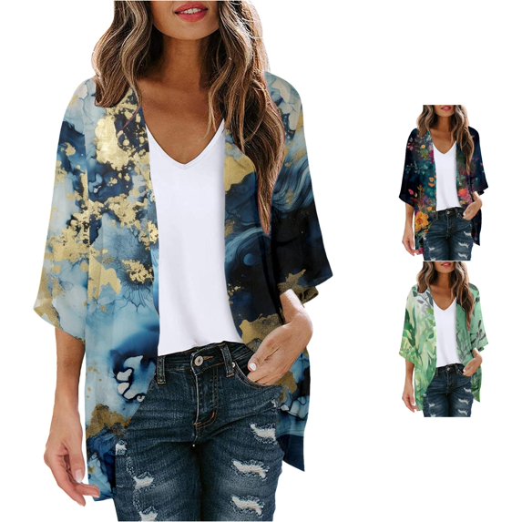 HCYSFG Womens Leaf Print Kimono Cardigan Open Front Short Sleeve Lightweight Sheer Loose Fit Beach Cover Up Summer Layering Tops