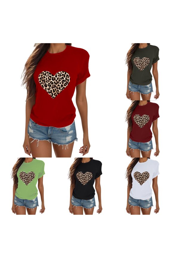 Womens Leopard Heart Tops Notch Neck Graphic Short Sleeve Loose Fit T Shirts Summer Beach Holiday Everyday Wear Pullover Tee