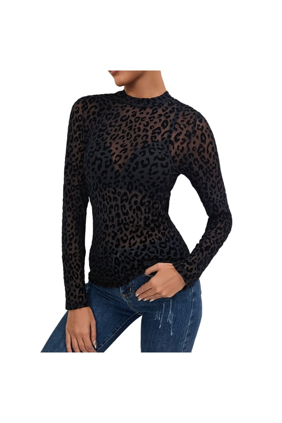 Womens Leopard Mesh Tops Neck Long Sleeve Sheer Flocked Detail Layering Shirts Fitted Classic Everyday Fall Tops