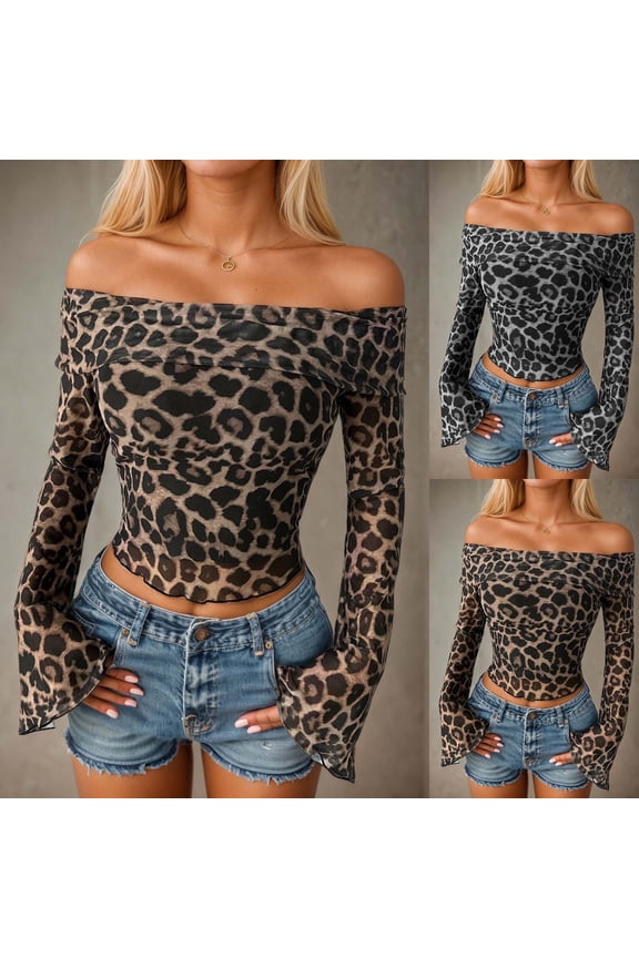 Womens Leopard Print Crop Top Off the Shoulder Long Sleeve Shirt Animal Print Slim Fit Tee Trendy Y2K Aesthetic Streetwear