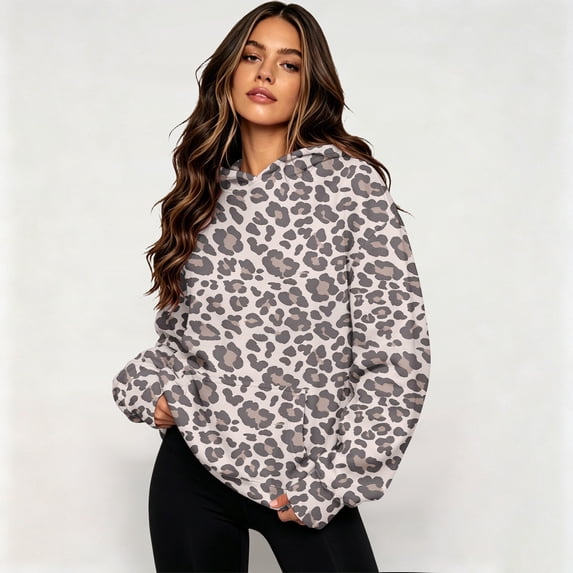 HCYSFG Womens Leopard Print Hoodie Long Sleeve Drawstring Hood Pullover Kangaroo Pocket Relaxed Fit Casual Fall Sweatshirt