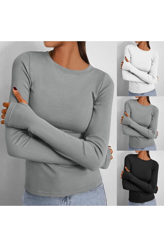 Womens Long Sleeve T-Shirt with Thumb Holes Solid Color Crewneck Base Layer Athletic Slim Fit Sun Protection Top Soft Comfort Tee
