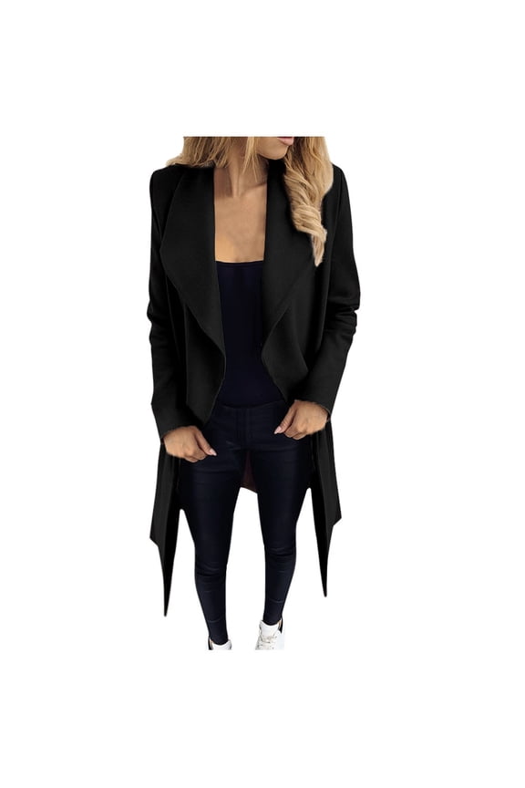 Womens Longline Jacket Solid Color Open Front Long Sleeve Waterfall Lapel Slim Fit Business Casual Blazer Coat