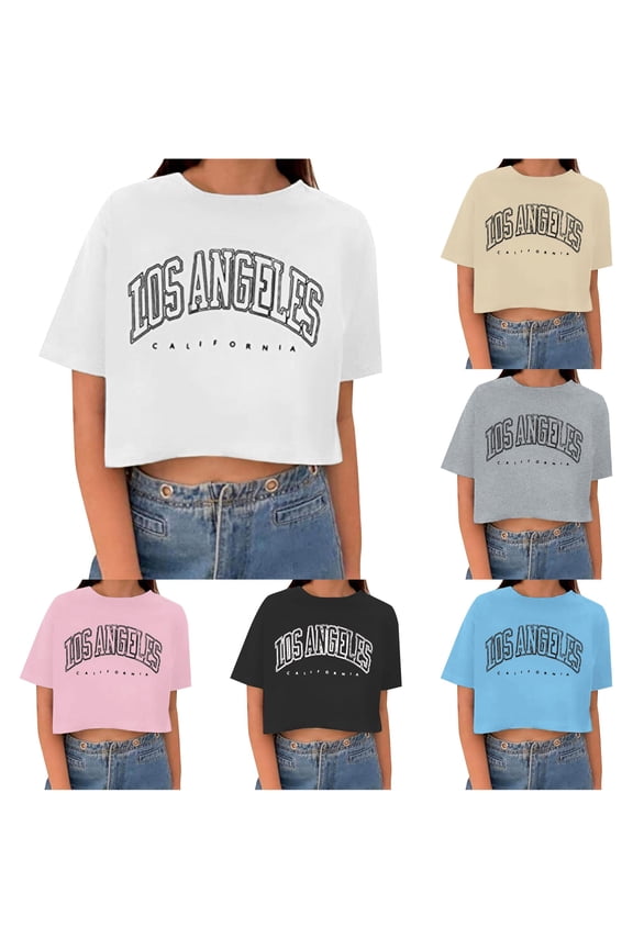 Womens Los Angeles California Graphic Tops Crewneck Short Sleeve Crop Slim Fit T Shirts Summer Beach Pullover Tee