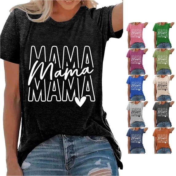 HCYSFG Womens Mama Letter T Shirt Crew Neck Short Sleeve Repeated Slogan Graphic Relaxed Fit Casual Tee Mothers Day Top