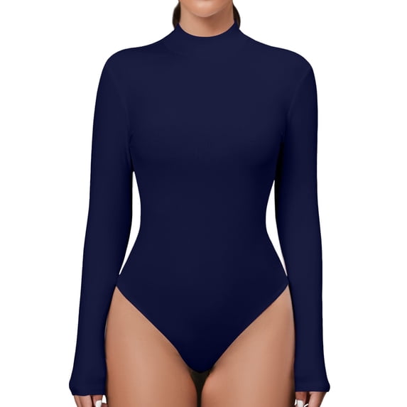 HCYSFG Womens Mock Neck Bodysuit Solid Long Sleeve Slim Fit One Piece Leotard High Cut Leg Opening Casual Fall Winter Layering Top