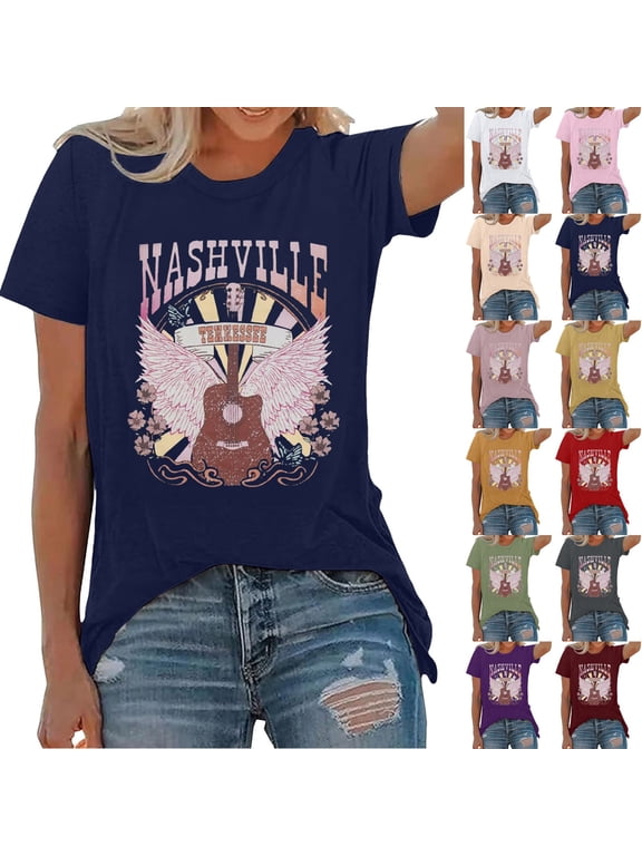 Womens Nashville Tennessee Graphic Tee Vintage Country Music T-Shirt Western Cowgirl Style Short Sleeve Top Retro Concert Shirt