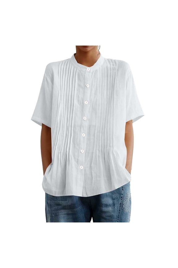Womens Oversized Pintuck t shirt Crew Neck Button top Casual Solid Color Blouse Summer Retro Fashion Pullover Style tee