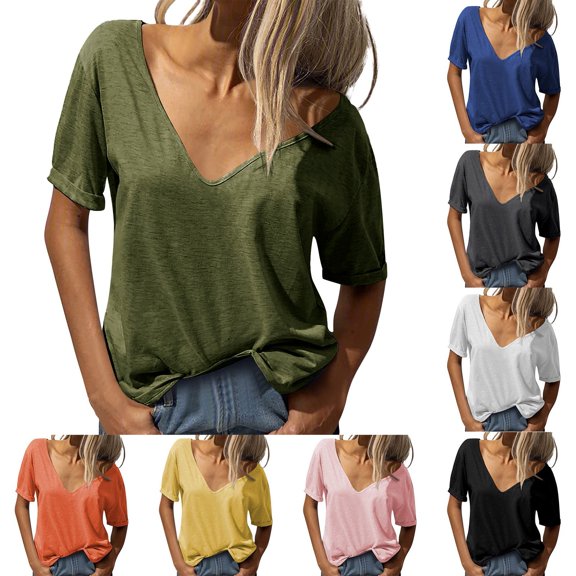 HCYSFG Womens Oversized Solid Top Summer Deep V Neck Short Sleeve Shirt Plain Simple Style Tee Casual Loose Fit Daily Wear Fashion Apparel