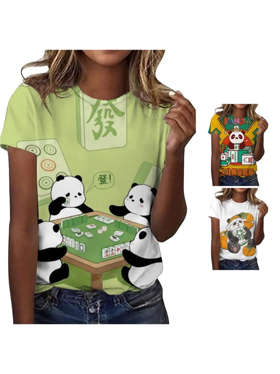 Womens Mahjong Panda Print T Shirt Crew Neck Short Sleeve Tee Game Table Graphic Relaxed Fit Casual Summer Top