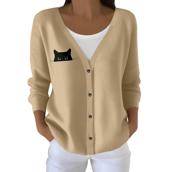 HCYSFG Womens Peeking Cat Print Cardigan V Neck Long Sleeve Button Down Sweater Banded Trim Relaxed Fit Casual Layering Top
