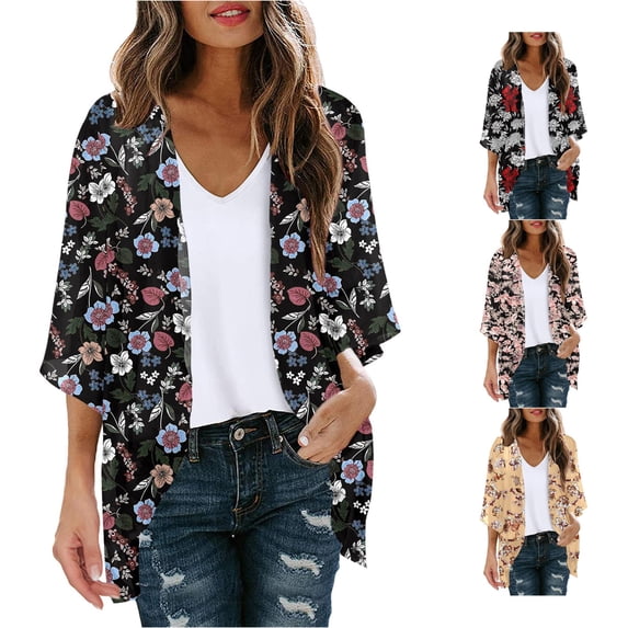 HCYSFG Womens Pink Floral Print Kimono Cardigan Open Front Short Sleeve Lightweight Sheer Draped Loose Fit Beach Cover Up Summer Tops