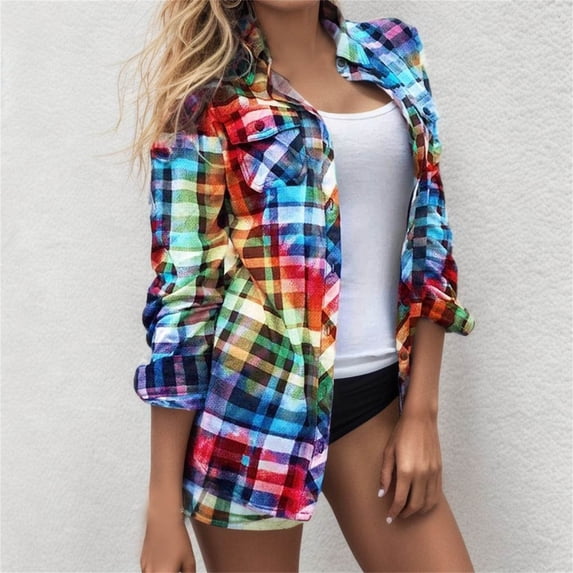 HCYSFG Womens Plaid Shirt Jacket Notch Neck Long Sleeve Button Front With Chest Pockets Loose Fit Casual Coat
