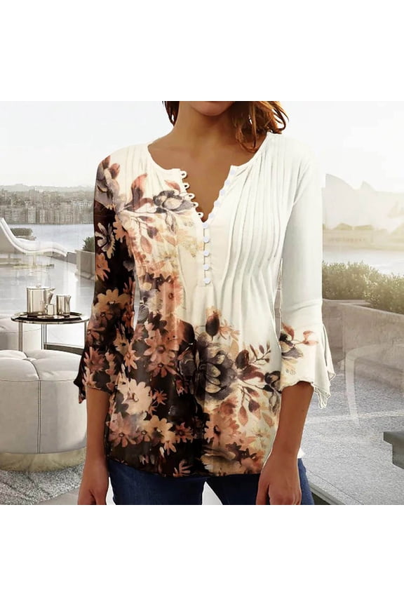 Womens Plus Summer Retro Tops 2026 Floral Button Down Tunic Shirts 3/4 Sleeve Slim Fit Tops Blouse Trendy Dressy Casual Ladies Clothes