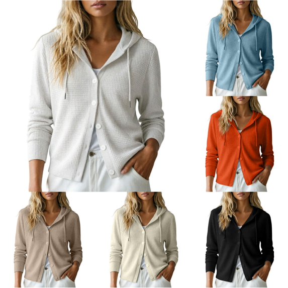 HCYSFG Womens Relaxed Fit Cardigan Sweater Hooded Long Sleeve Solid Color Button Front Textured Pattern Fall Knit Jacket Tops