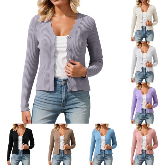 HCYSFG Womens Ribbed Cardigan Round Neck Button Front Long Sleeve Slim Fit Lightweight Knit Sweater Everyday Layering Tops