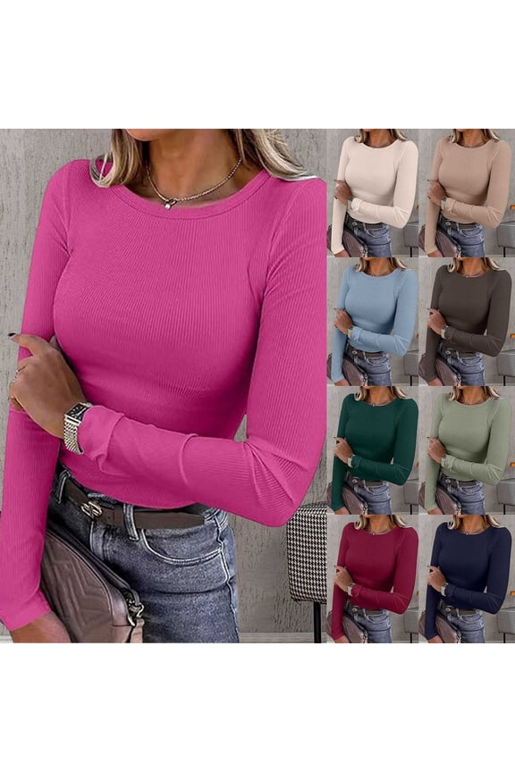 Womens Ribbed Long Sleeve T-Shirt Crewneck Slim Fit Solid Color Top Casual Stretchy Basic Tee Soft Layering Shirt