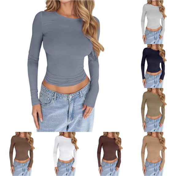 HCYSFG Womens Ruched T Shirts Crewneck Long Sleeve Solid Color Cropped Slim Fit Fitted Casual Layering Tees Fall Tops