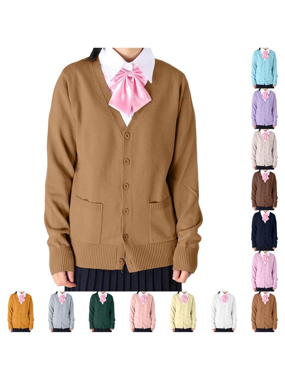 Womens School Uniform Cardigan Sweater V Neck Button Down Long Sleeve With Pockets Classic Fit Knit Classroom Campus Layering Jacket