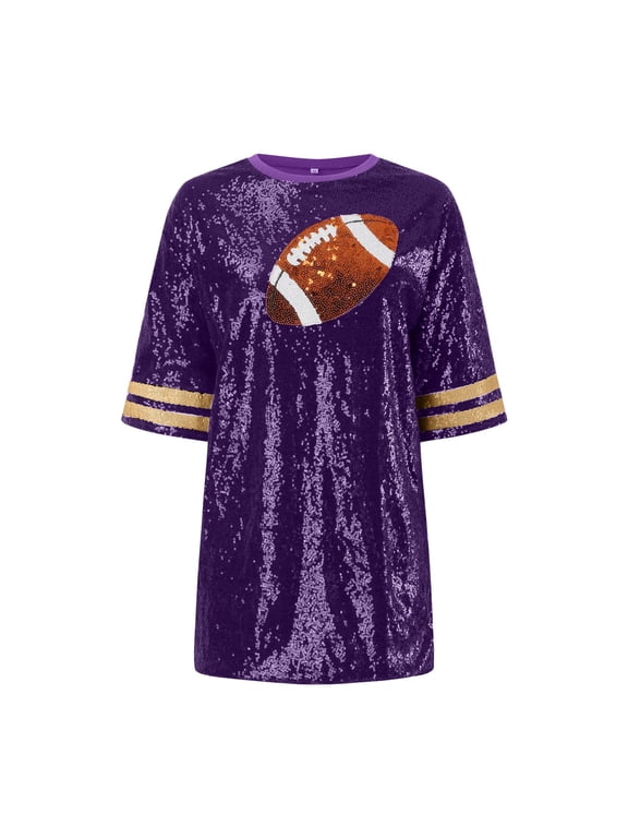 Womens Sequin Football V Neck Short Sleeve Sparkle Team Design Loose Fit Game Day Shirts Everyday Sports Tops