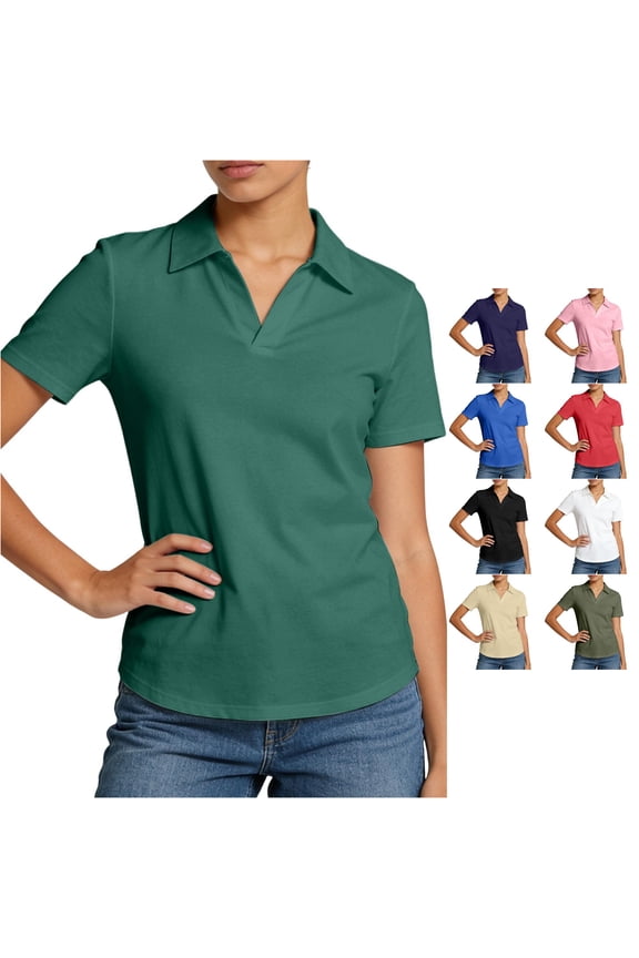 Womens Short Sleeve Business Casual Tops Summer Solid Color V Neck Polo Work Shirts 2026 Fitted Basic Collared Shirt