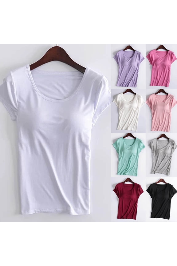 Womens Short Sleeve T-Shirt with Built-in Shelf Bra Cotton Solid Color Tee Comfortable Loungewear Sleepwear Top Yoga Layering Undershirt