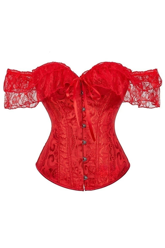 Womens Off Shoulder Corset Top Push Up Lace Front Bow Boned Sweetheart Neck Short Sleeve Slim Fit Bustier Top Party Tummy Control Waist Trainer