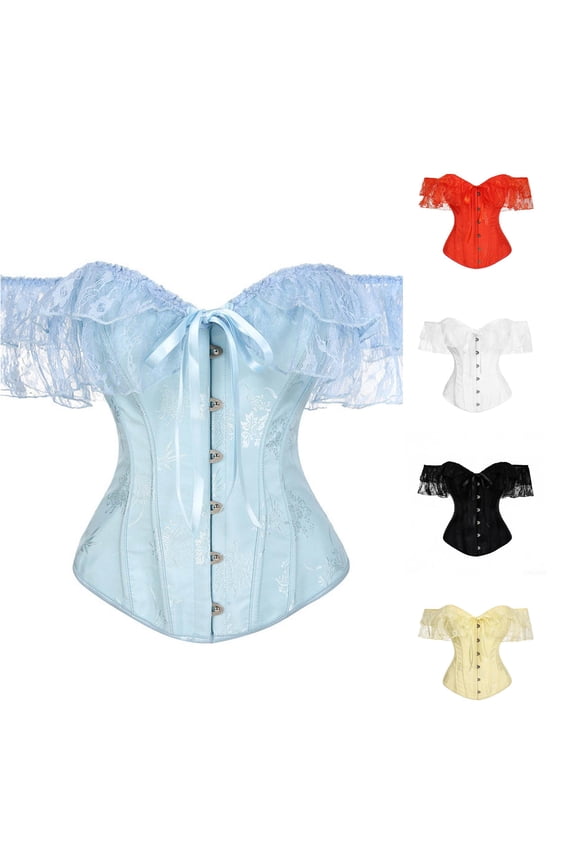 Womens Off Shoulder Corset Top Push Up Lace Front Bow Boned Sweetheart Neck Short Sleeve Slim Fit Bustier Top Party Tummy Control Waist Trainer