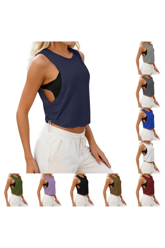Womens Side Drawstring Ruched Top Crewneck Sleeveless Solid Color Casual Tank Summer Fall Athletic Gym Crop Pullover Tee